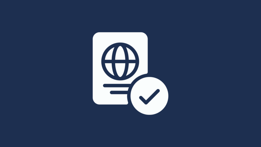 An illustrated icon of an open passport with a globe design on one page and a prominent checkmark on the adjacent page, symbolizing a verified or approved travel document.