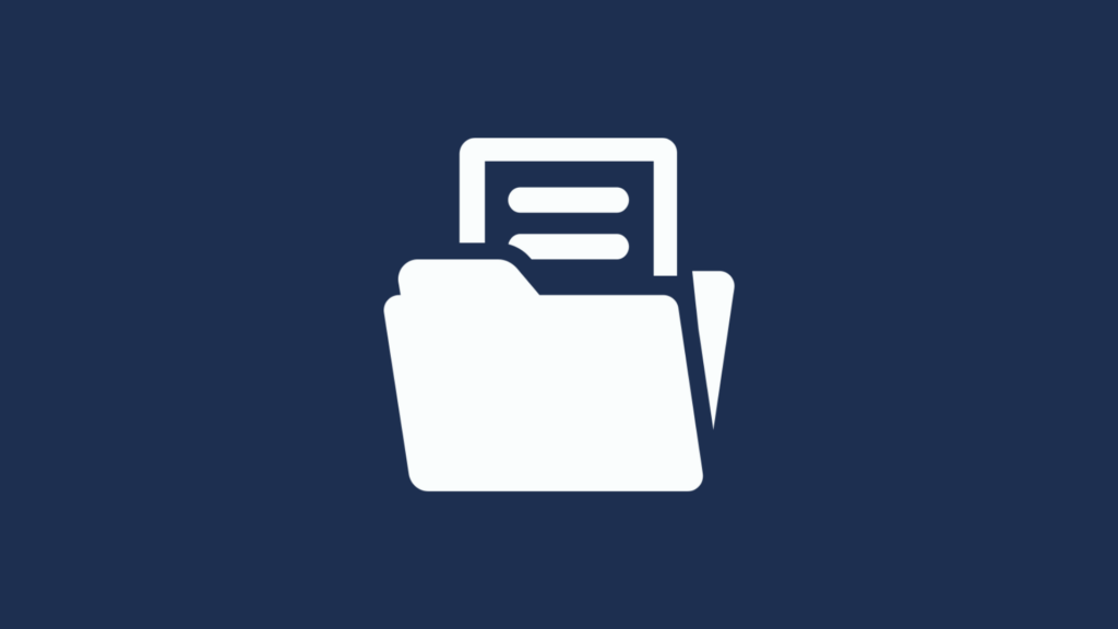 A minimalist icon of a folder with documents extending out of it.