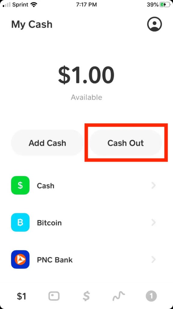 Screenshot from the Cash App app depicting the Cash Out button emphasized in a red box.