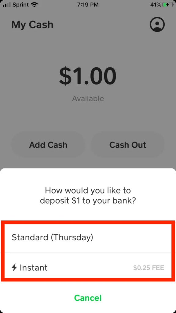 Screenshot from the Cash App app depicting the Instant option emphasized in a red box.