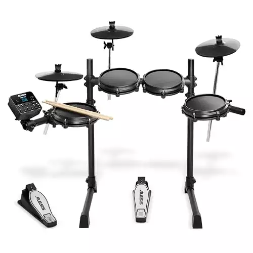 Alesis Turbo Mesh Kit – Electric Drum Set With 100+ Sounds, Quiet Mesh Drum Pads, Drum Sticks, Connection Cables, Drum Lessons