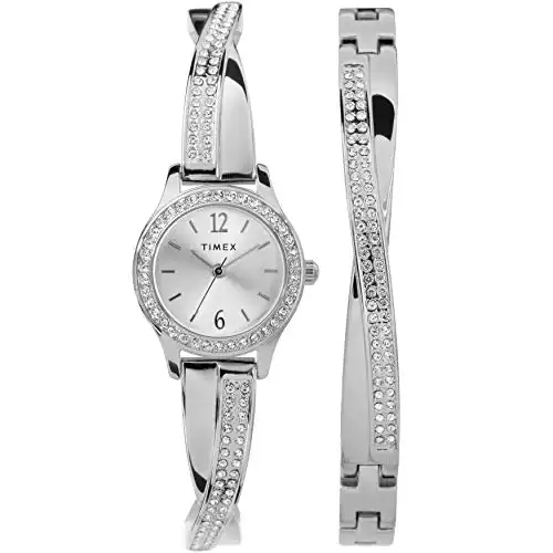 Timex Women's Dress Crystal 23mm Watch & Bracelet Gift Set – Silver-Tone