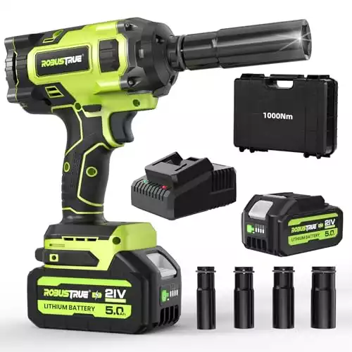 Robustrue Cordless Impact Wrench 1/2 inch, 737Ft-lbs (1000N.m) High Torque Brushless Impact Wrench, 5.0Ah Battery Impact Gun with 2600RPM, Charger, 4 Sockets, Electric Impact Wrench for Car Truck