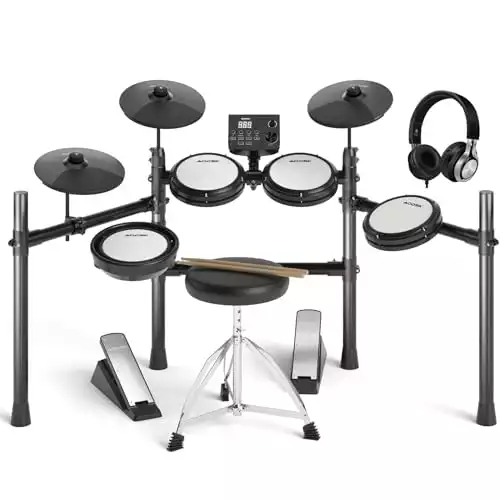 AODSK Electric Drum Set with Quiet Mesh Pads,Electronic Drum for Beginner,15 Kits and 195 Sounds,Sticks,Throne,Headphones,USB Cable Included. AED-403