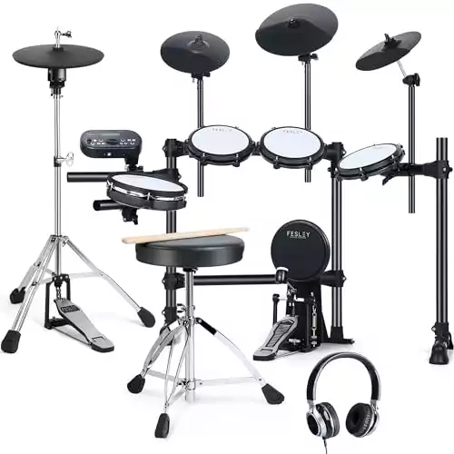 Fesley Electric Drum Set, Electronic Drum Set with 4 Quiet Mesh Drum Pads, Moving HiHat and Kick Drum, 2 Cymbals w/Chock, 225 Sounds, Headphones, USB MIDI, Drum Throne, and Sticks