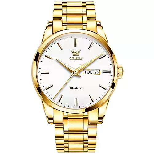 OLEVS Mens Gold Watches Stainless Steel White Face Watches with Date and Day Luxury Analog Quartz Gold Watches for Men Waterproof Easy to Read Large Face Men's Wrist Watches Gifts for Dad