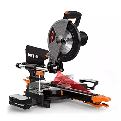 DWT Sliding Compound Miter Saw with 3 Blades, 15A 10", Double Speed (4500 RPM & 3200 RPM), Bevel Cut (0°-45°) with Laser, Extension Table, Iron Blade Guard, Cutting Wood, PVC or Soft Metal