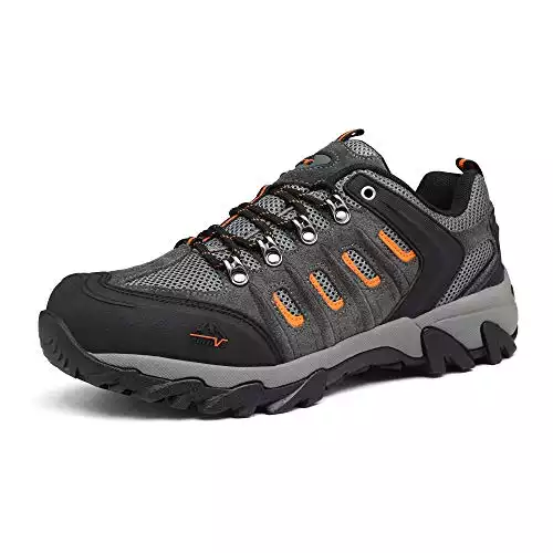 NORTIV 8 Men's Waterproof Hiking Shoes Leather Low-Top Hiking Shoes for Outdoor Work Trailing Trekking Walking Black Dark Grey Orange Size 10 M US Quest-1-W