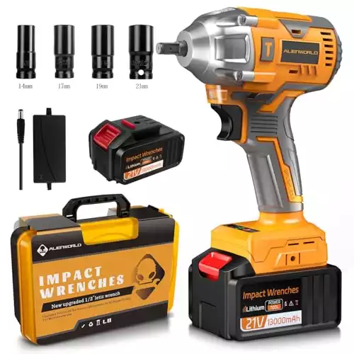 ALIENWORLD Cordless Impact Wrench,1/2 Inch Cordless Electric Impact Gun,Brushless Impact Driver,High Torque,with Battery,4 Pcs Impact Sockets for Car and Home