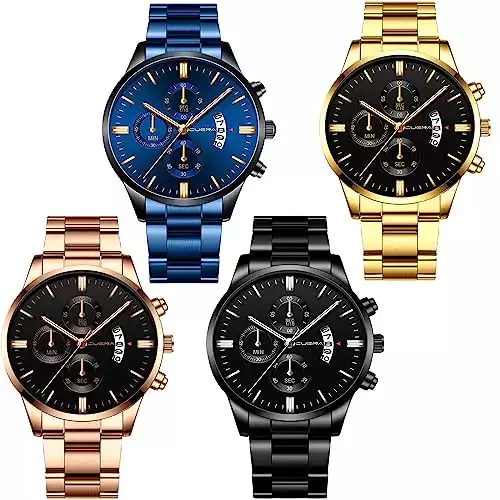 yunanwa 4 Pack Men's Watches Luxury Casual Dress Business Waterproof Military Quartz Wristwatches for Men Stainless Steel Band Gold Black Blue Silver Wholesales Set Assorted (Color C)