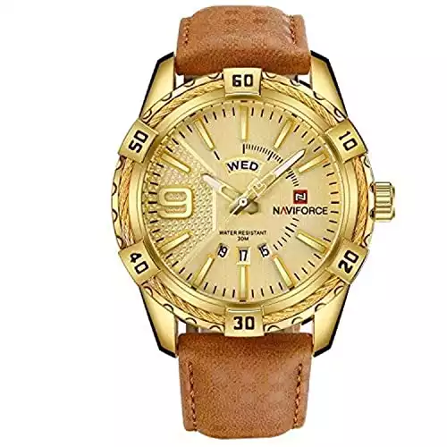 NAVIFORCE Luxury Men Sports Watches Waterproof Quartz Leather Watch Gold Big Face Date Clock