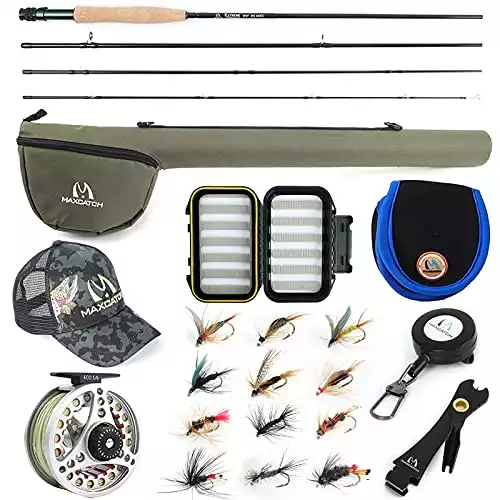 Wild Water Deluxe Fly Fishing Combo Starter Kit, 5 or 6 Weight 9 Foot Fly  Rod, 4-Piece Graphite Rod with Cork Handle, Accessories, Die Cast Aluminum