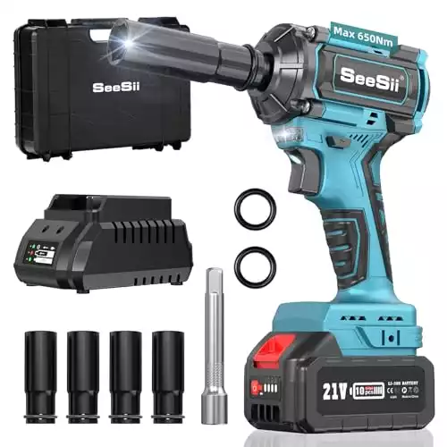 Seesii Cordless Impact Wrench 1/2 inch, 479Ft-lbs(650N.m) Brushless, 2800RPM High Torque Impact Gun with 4.0Ah Battery, Charger & 4 Sockets，Electric Impact Wrench for Car Home，WH500