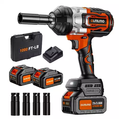 olmlmo Cordless Impact Wrench 1/2 Inch,Brushless Max 1000Ft-lbs(1300N.M) High Torque Impact Gun w/ 2 x 5000mAh Batteries,3 Variable Speed Trigger,Fast Charger, 4 Sockets,Tool Box