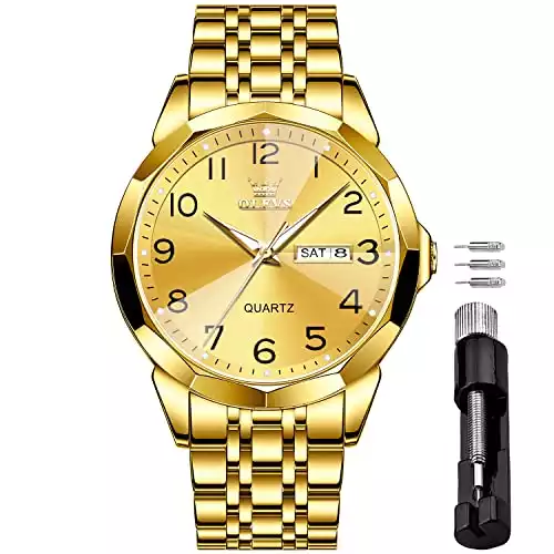 OLEVS Gold Watch for Men Luxury Dress Analog Quartz Stainless Steel Waterproof Luminous Date Diamond Business Two Tone Casual Wrist Watch