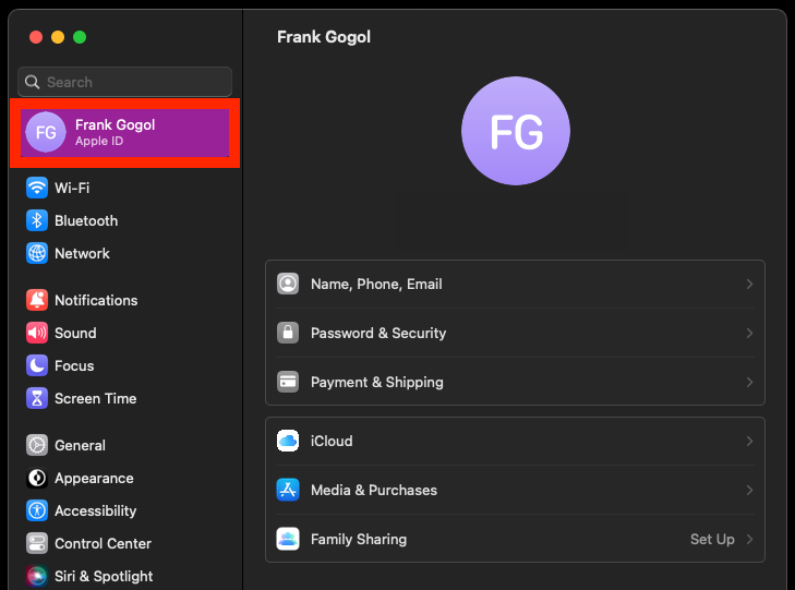 In the System Settings menu, click Apple ID (If you’re using macOS Mojave or earlier, you don’t need to click Apple ID)