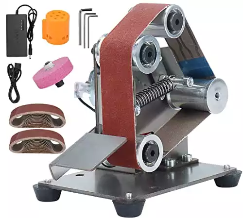 Electric Belt-Sander Polishing-Grinding Sharpener Adjustable - 13 x 1.2inch DIY Power Sanding Machine Mini Bench Belt Grinder, 7-Speed Multifunctional for Knife Making Woodworking Metal Cutter Edges