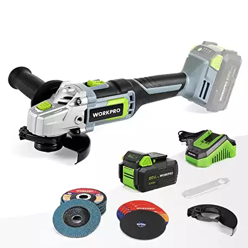 WORKPRO 20V Cordless Angle Grinder Kit, 4-1/2 Inch, Lightweight Angle Grinder Tool w/ 4.0Ah Lithium-Ion Battery & Fast Charger, Ergonomic Button Position for Reducing Hand Pressure…