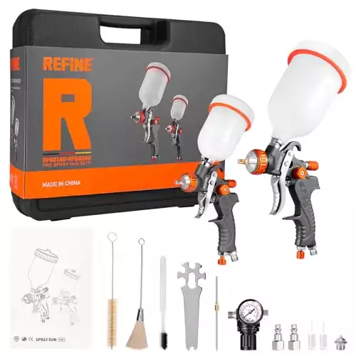 REFINE HVLP Air Gravity Spray Gun Sets, 2-Spray Paint Gun, 1.0mm 100ml & 1.4/1.7mm 600ml Auto Paint Sprayer Gun with Air Regulator for Car Paint, Primer, Topcoat & Touch-Up, Furniture, House P...