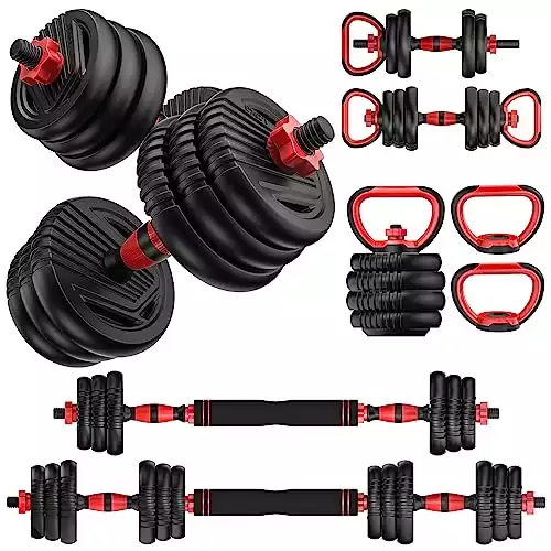 Trakmaxi Adjustable Dumbbell Set 20LBS/35LBS/55LB/70LBS Free Weights Dumbbells, 4 in 1 Weight Set, Dumbbell, Barbell, Kettlebell, Push-up, Home Gym Fitness Workout Equipment for Men Women(55LBS)