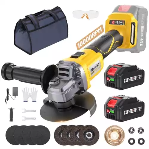 SEESII Cordless Angle Grinder Kit -2x 4.0Ah Batteries, 10,000RPM Brushless Electric Metal Grinder w/ 4-1/2" Cutting Wheels, Flap Wheels, and Wool Carving Wheel for Precision Cutting & Grindin...