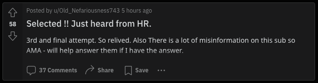 A screenshot of a Reddit post where the user notes that they heard from their employer about their H1B selection