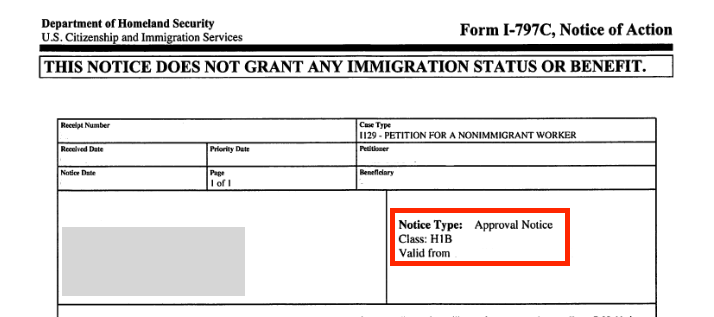 Screenshot of a sample I-797C form