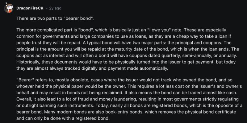 Bearer bonds description from a reddit user