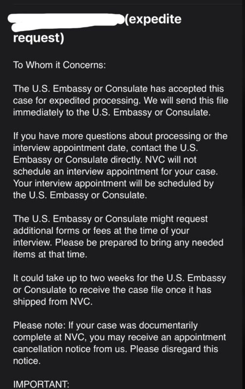 Expedited visa interview approval email